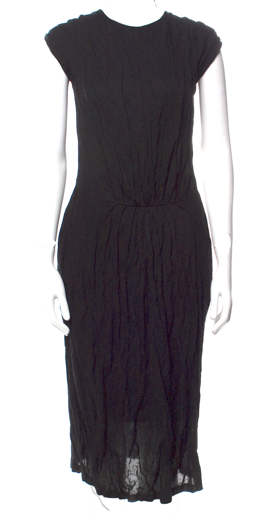 Jil Sander. Black Crinkle Crew Neck Midi Length Dress