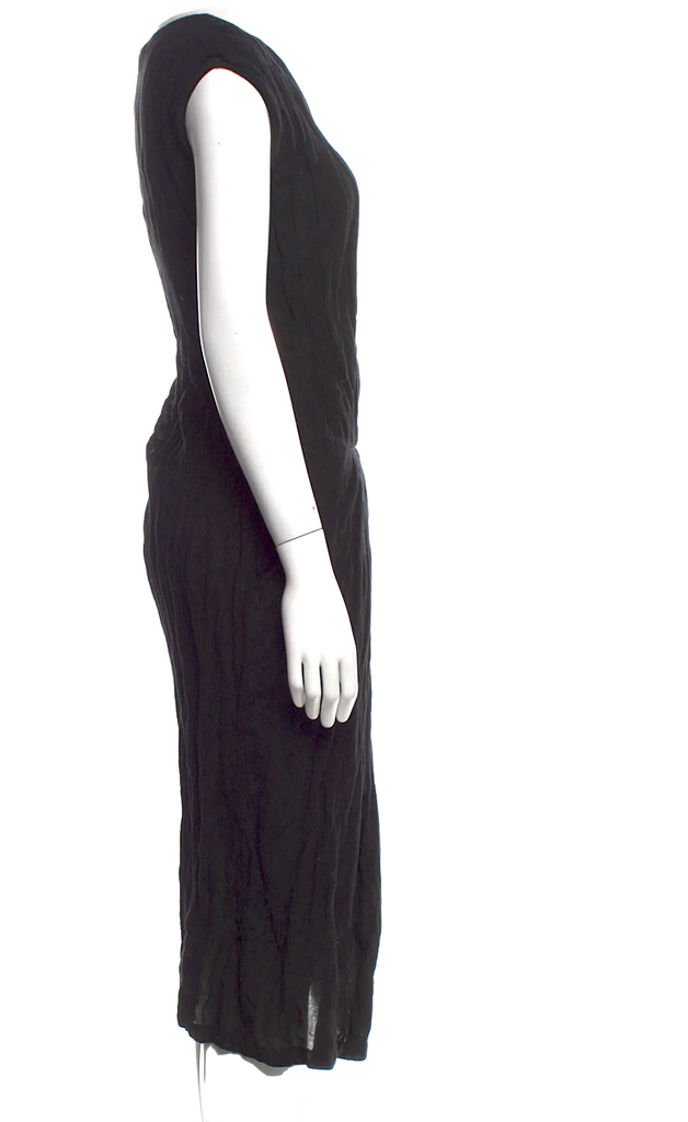 Jil Sander. Black Crinkle Crew Neck Midi Length Dress