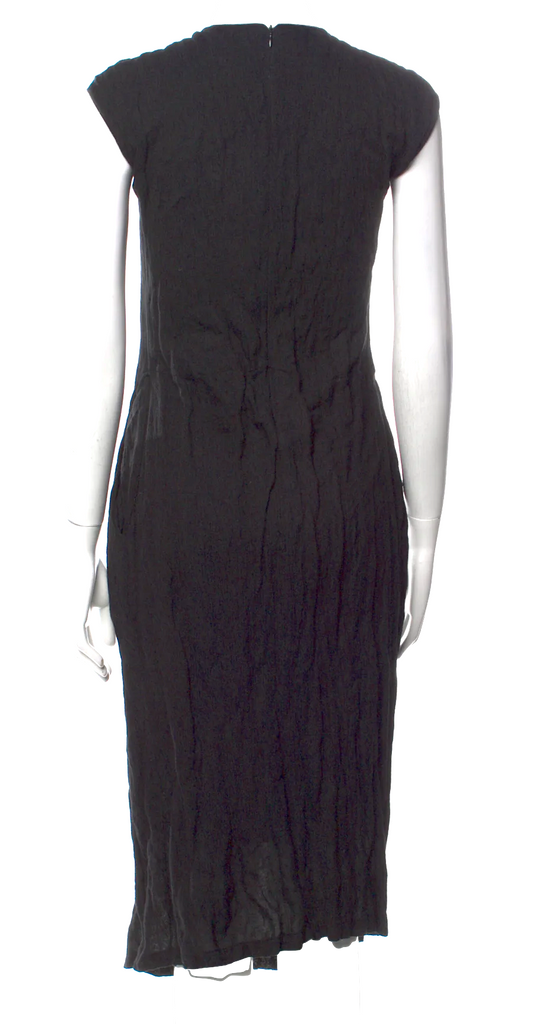 Jil Sander. Black Crinkle Crew Neck Midi Length Dress