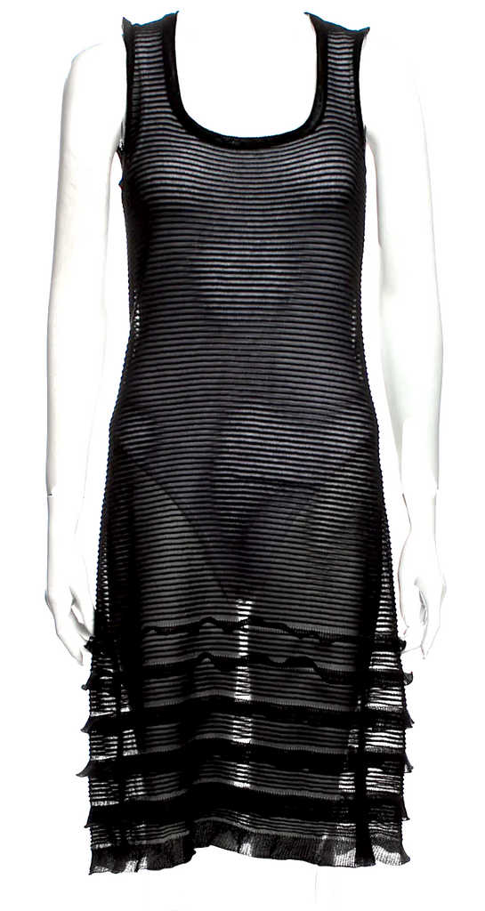 Valentino Garavani Italy. Black Semi Sheer Ribbed Striped Knee Length Dress