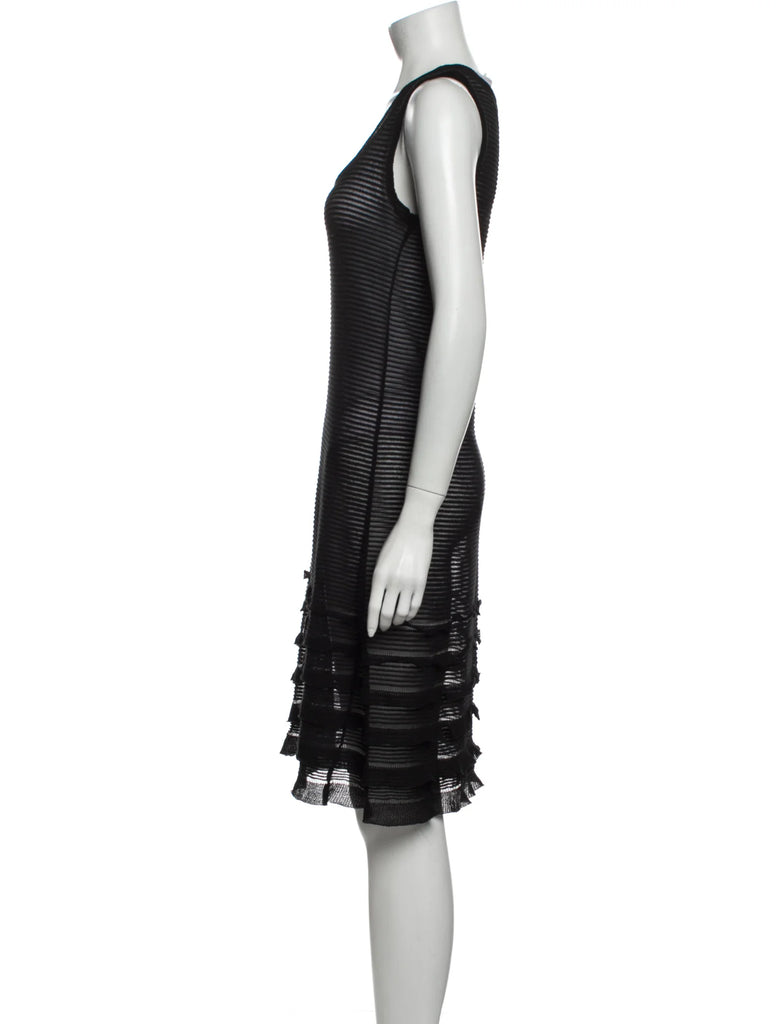 Valentino Garavani Italy. Black Semi Sheer Ribbed Striped Knee Length Dress