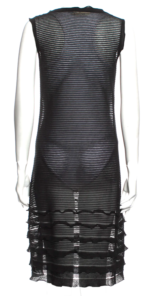 Valentino Garavani Italy. Black Semi Sheer Ribbed Striped Knee Length Dress