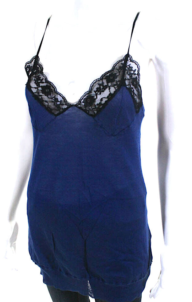 Toga Pulla Japan. Blue Cotton Black Lace Trim V Neck Cami Top