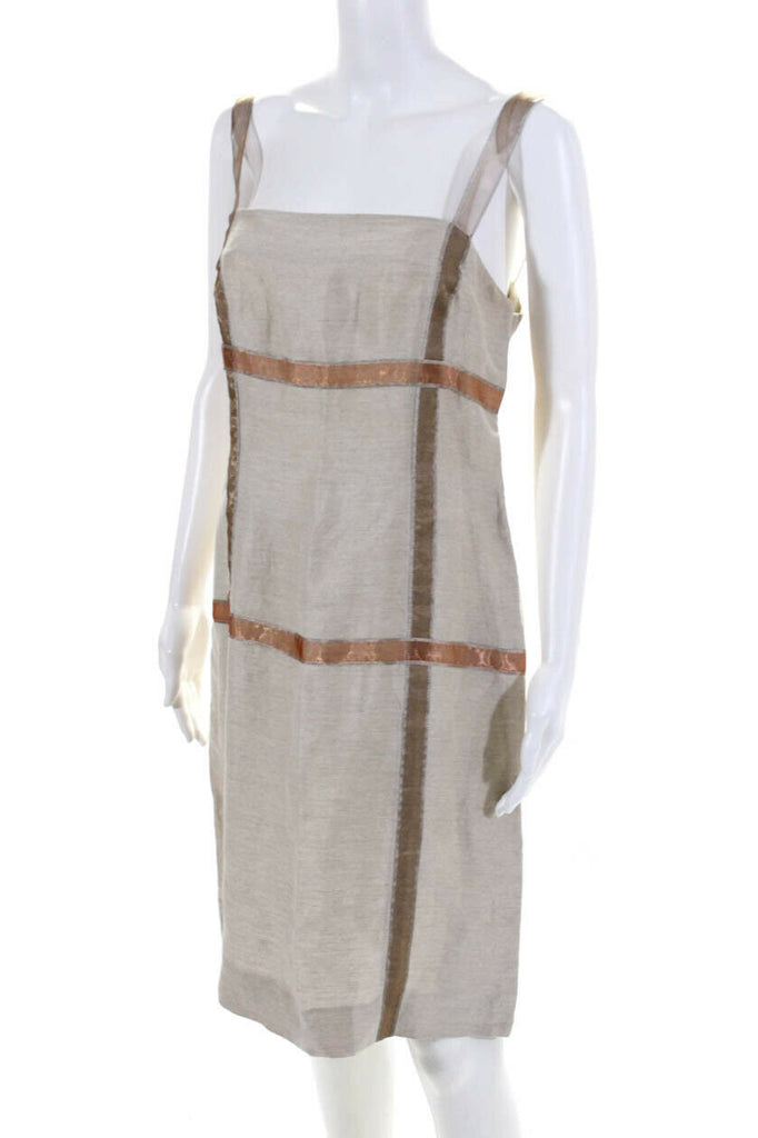 Alberta Ferretti Italy. Beige Windowpane Summer Sleeveless Square Neck Sheath Dress