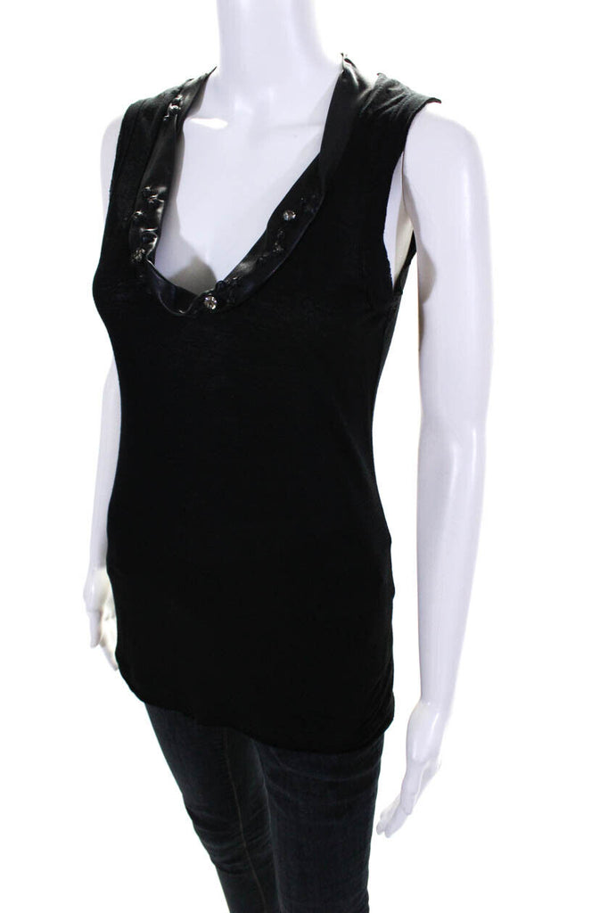 Valentino Italy. Black Sleeveless Leather Trim Crystal Embellished Blouse