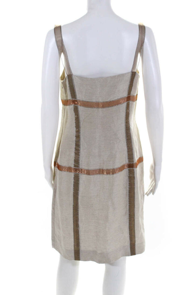 Alberta Ferretti Italy. Beige Windowpane Summer Sleeveless Square Neck Sheath Dress