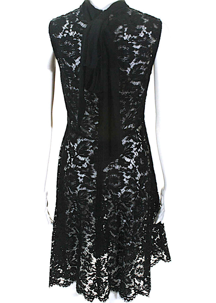 Valentino Black Lace Back Zip Sleeveless Tie Neck Dress