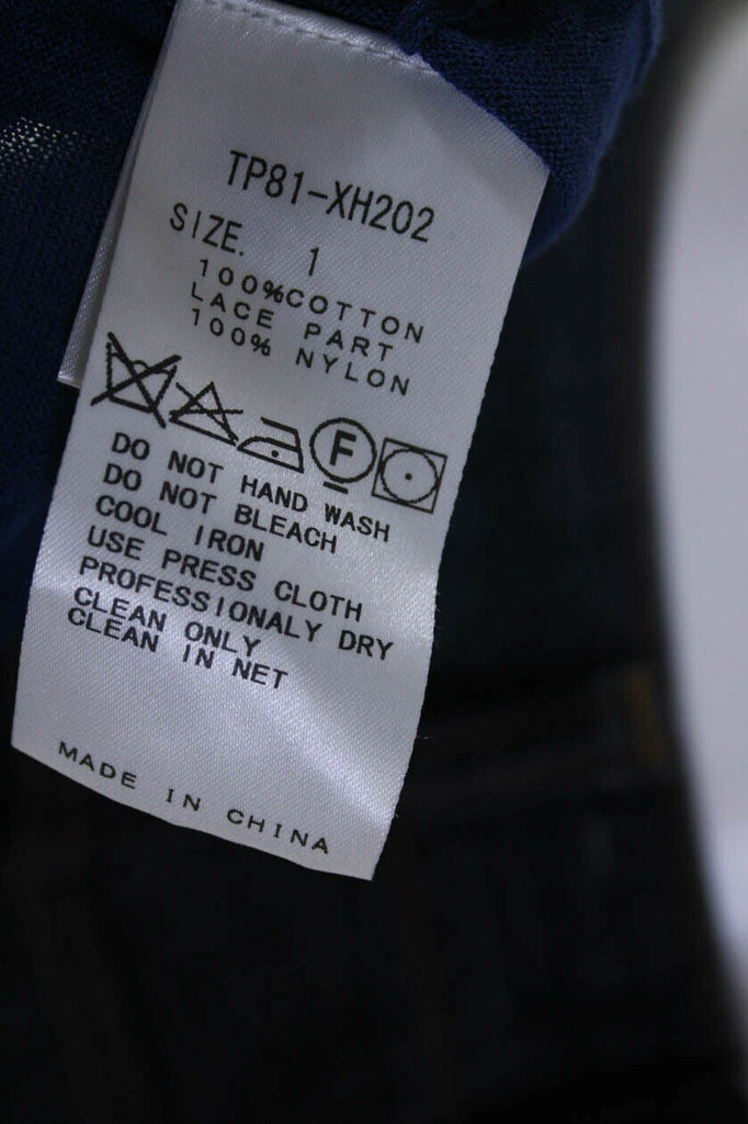 Toga Pulla Japan. Blue Cotton Black Lace Trim V Neck Cami Top