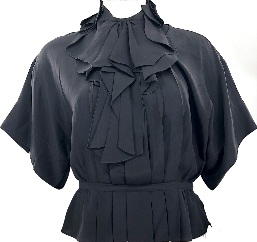 Valentino Italy. Hiver 2008 Black Short Sleeve Ruffle Trim Silk Blouse