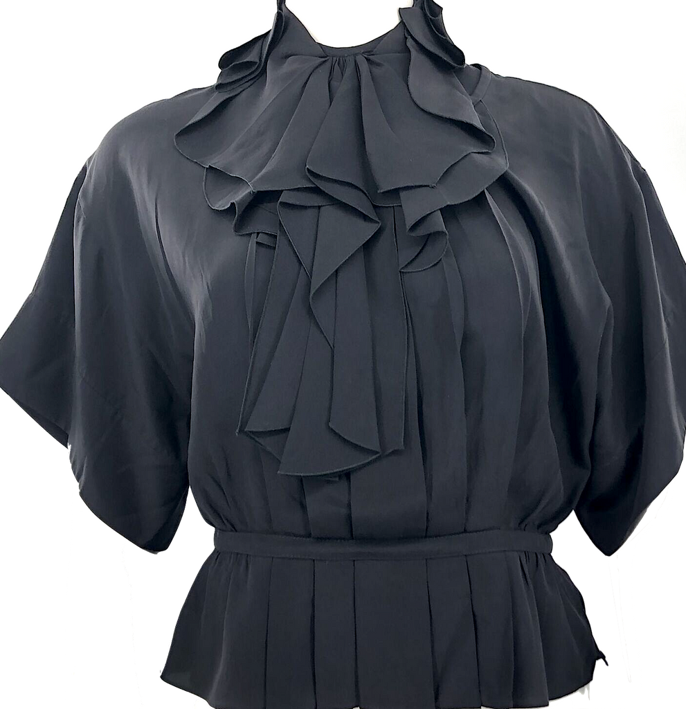 Valentino Italy. Hiver 2008 Black Short Sleeve Ruffle Trim Silk Blouse