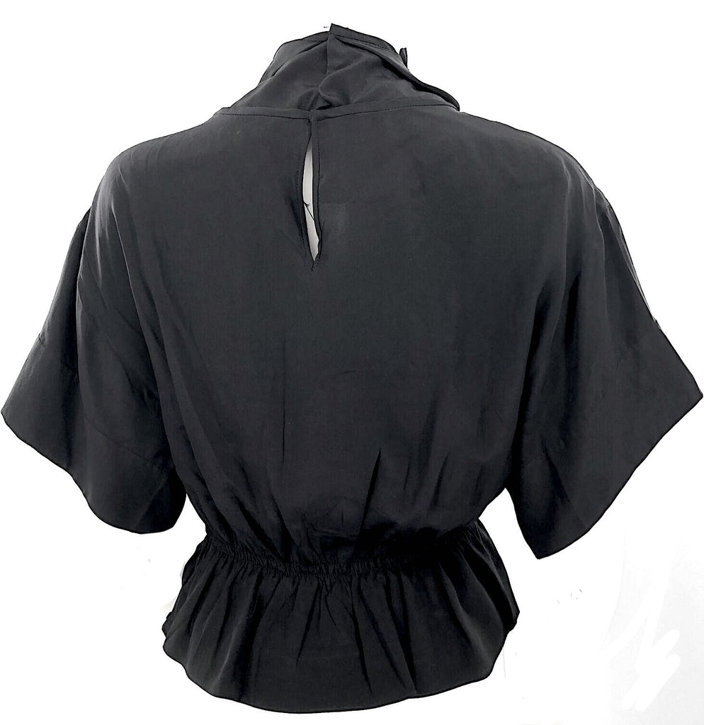 Valentino Italy. Hiver 2008 Black Short Sleeve Ruffle Trim Silk Blouse