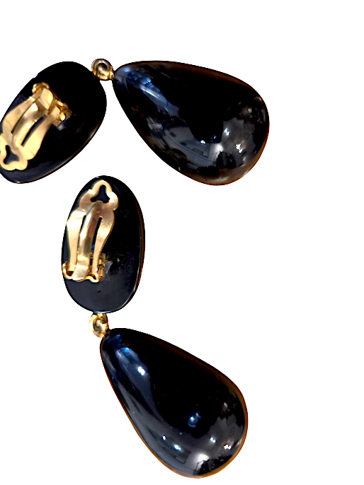 Dominique Denaive PARIS. SIGNED "DENAIVE" Oversized Vintage Runway Black Clip On Poured Resin Earrings