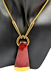 Crown Trifari NY. Vintage Signed Goldplated and Poured Red Lucite Pendant Necklace