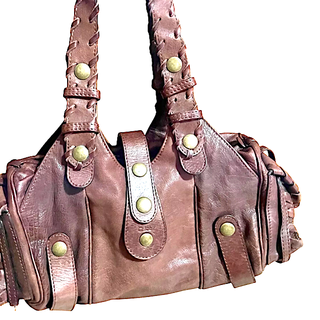 Chloe Paris. Brown Leather Brass Stud Accents "Silverado" Boho Satchel / Shoulderbag