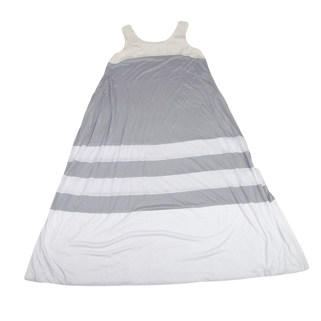 JIL SANDER. White, Grey Cotton/Rayon Switching Maxi Sleeveless Dress