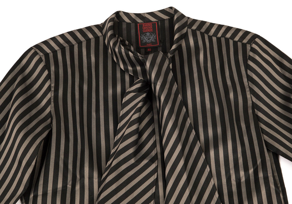 Jean-Paul GAULTIER Paris. CLASSIQUE Black, Beige Stripes Tie Collar Blouson