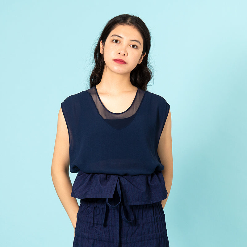 ISSEY MIYAKE JAPAN. "ZUCCA" Navy, Sky Blue Switching Chiffon Sleeveless Top