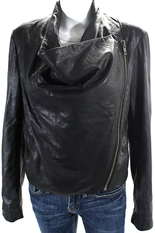 Helmut Lang NY. Black Polymaide Blend Notched Lapel Asymmetrical Zip Motorcycle Jacket