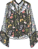 UNITED TOKYO JAPAN. BlackxPurplexGreen Semi-Sheer Floral Pattern Blouse