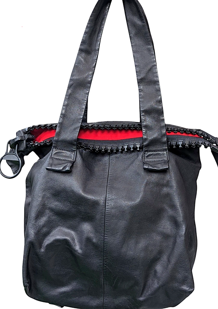 Kawa-Kawa Japan. Unisex Black Lambskin Leather Red Lining Large Zipper Shoulder Bag / Tote Bag