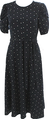 DONNA KARAN DKNY Black Polka Dot Knee Length Round Neck Fit & Flare Dress