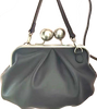 Kawa-Kawa Japan. NWOT. NEW. Black Leather Oversized Kiss Lock Shoulder Bag / Crossbody Bag / Removable Long Strap