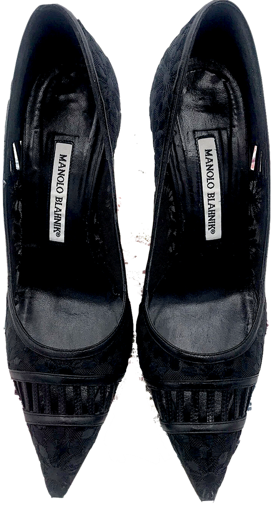 Manolo Blahnik Paris. Black Leather/Lace Floral Designer Shoes FR8.5