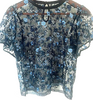 UNITED TOKYO JAPAN. Black Blue Semi-Sheer Embroidered Floral Short Sleeve Blouse