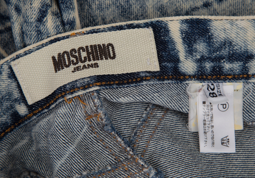 Moschino Italy. Indigo Chemical Wash Bootcut Jeans