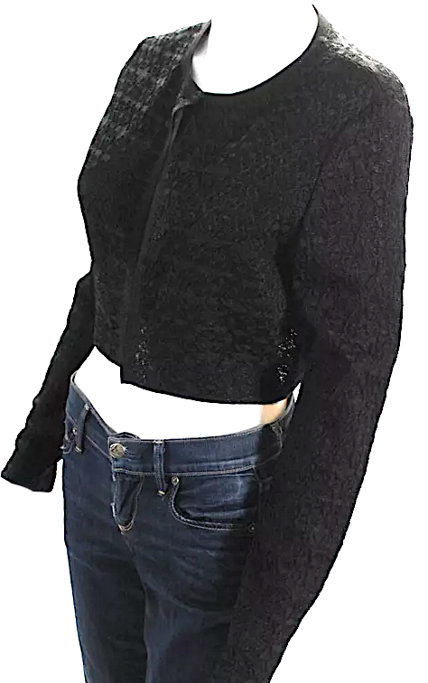 Alaia Paris. Black Textured Knit Crew Neck Cropped Cardigan Sweater/Jacket