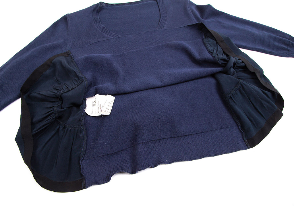 PRADA ITALY. Navy Color Tie Back Gathered Switching Knit Sweater