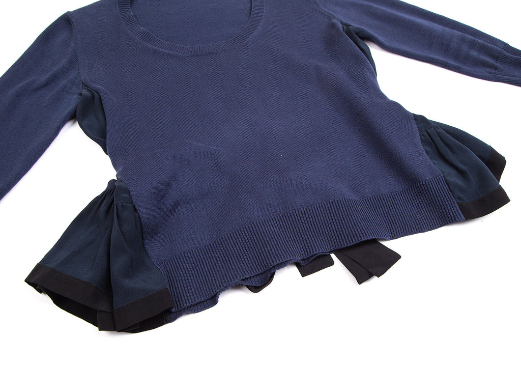 PRADA ITALY. Navy Color Tie Back Gathered Switching Knit Sweater