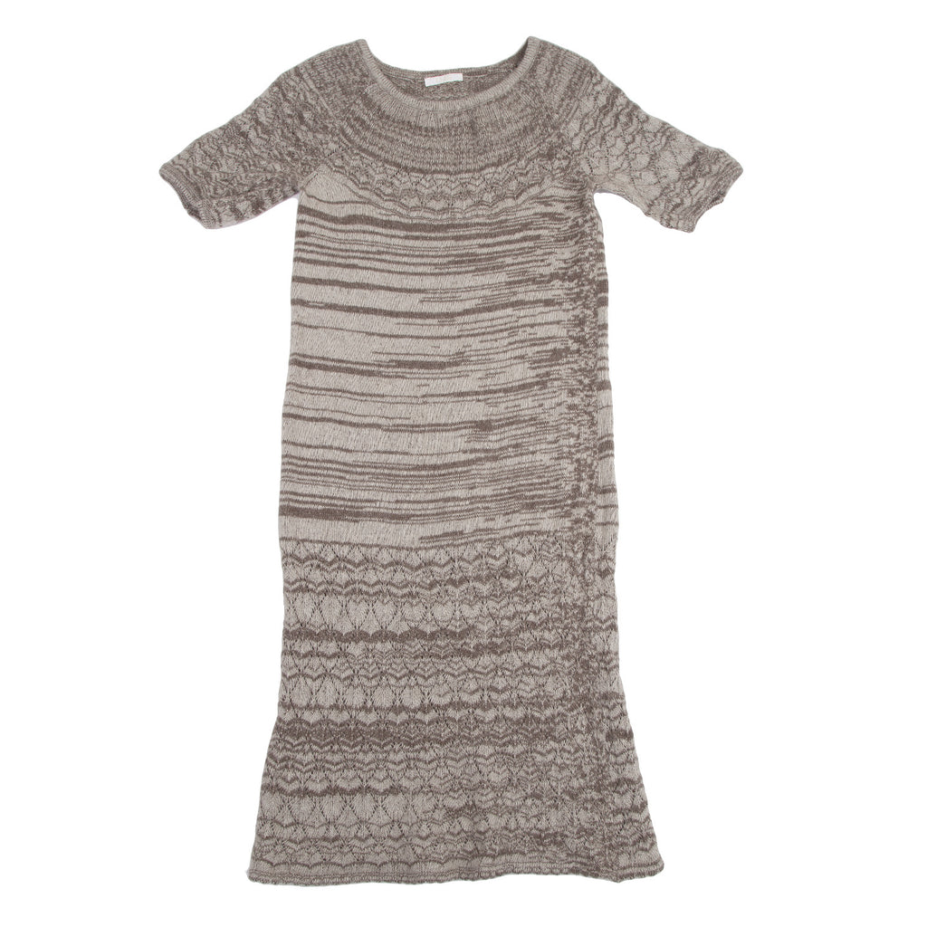 Chloe Paris. Beige Wool/Angora Knit Jacquard Knit Short Sleeve Dress