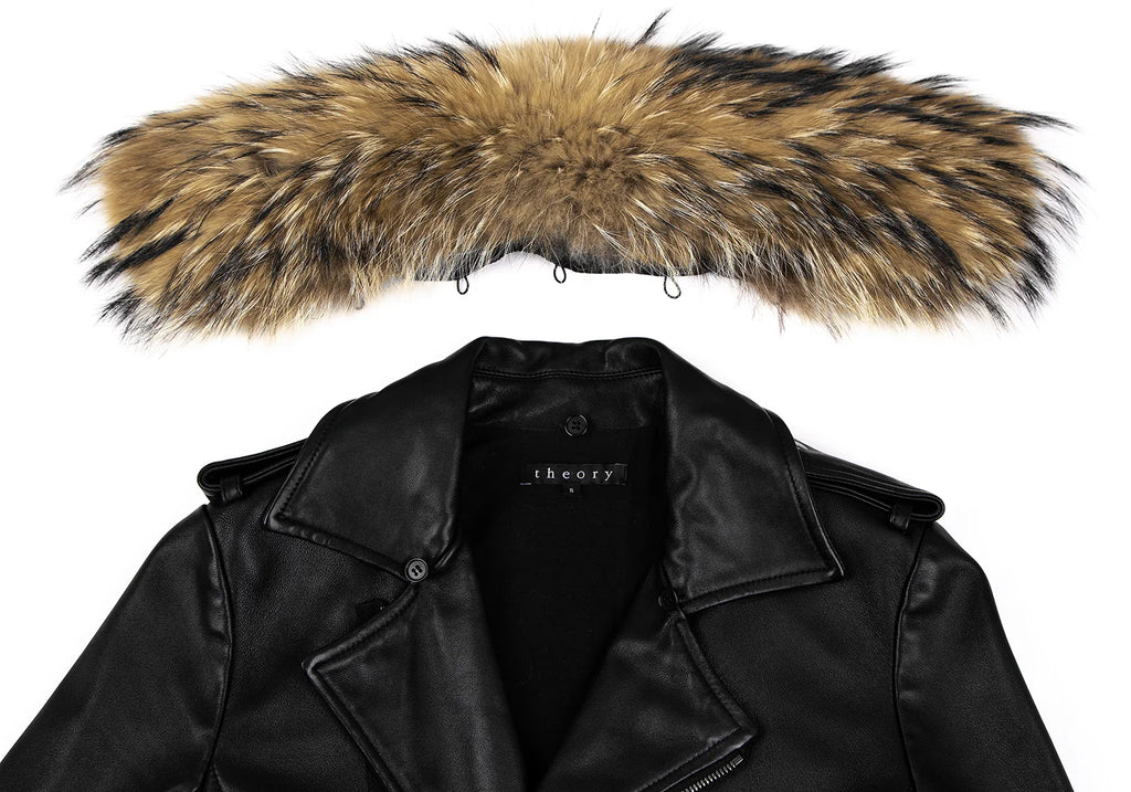 THYSKEN'S THEORY. Raccoon Fur Collar Black LambskinLeather Biker Jacket / Evening Jacket.   MANY MORE FURS AND FAUX FURS IN STORE NOW