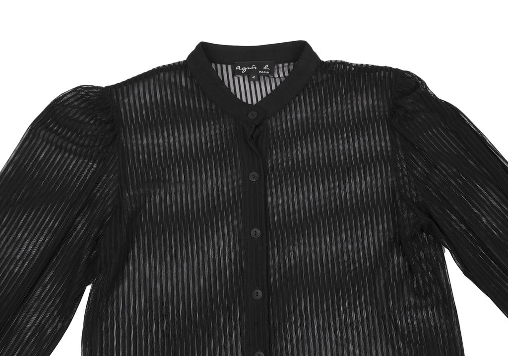 agnes b. Paris. Black Nylon Stretch Semi-Sheer Stripe Long Sleeve Shirt