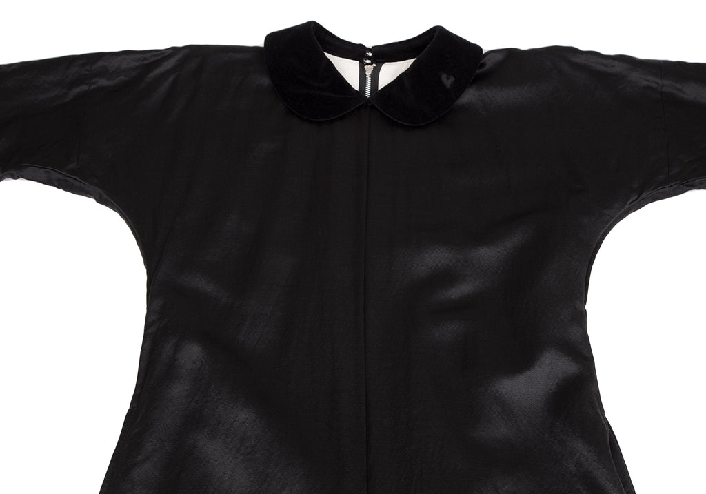Comme des Garcons Japan. Black Peter Pan Collar Shiny Wool Silk Dress