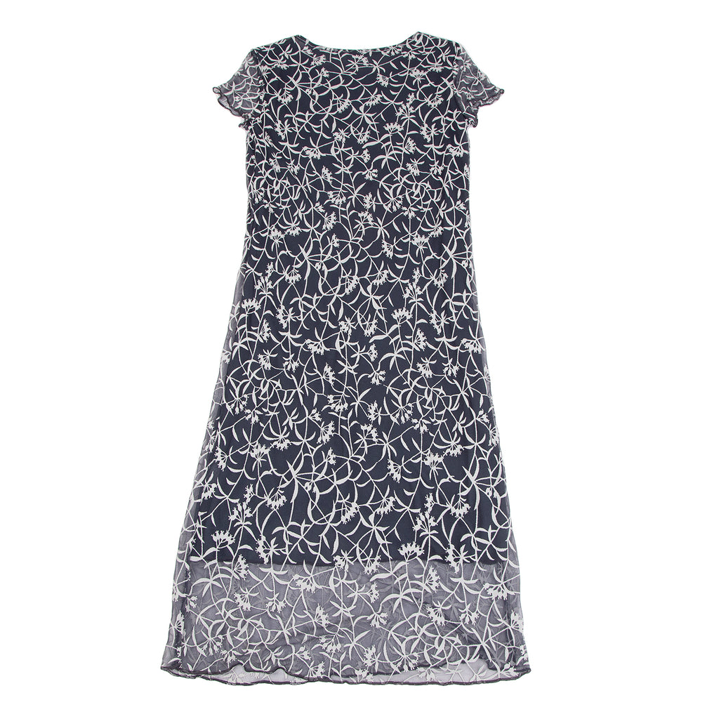 KRIZIA PARIS. Navy Floral Jacquard Chiffon Short Sleeve Dress