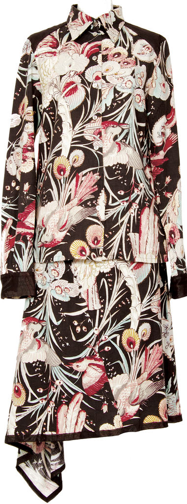 A/T ATSURO TAYAMA JAPAN. Brown, White, Red Gauze Switching Bird Printed Shirt