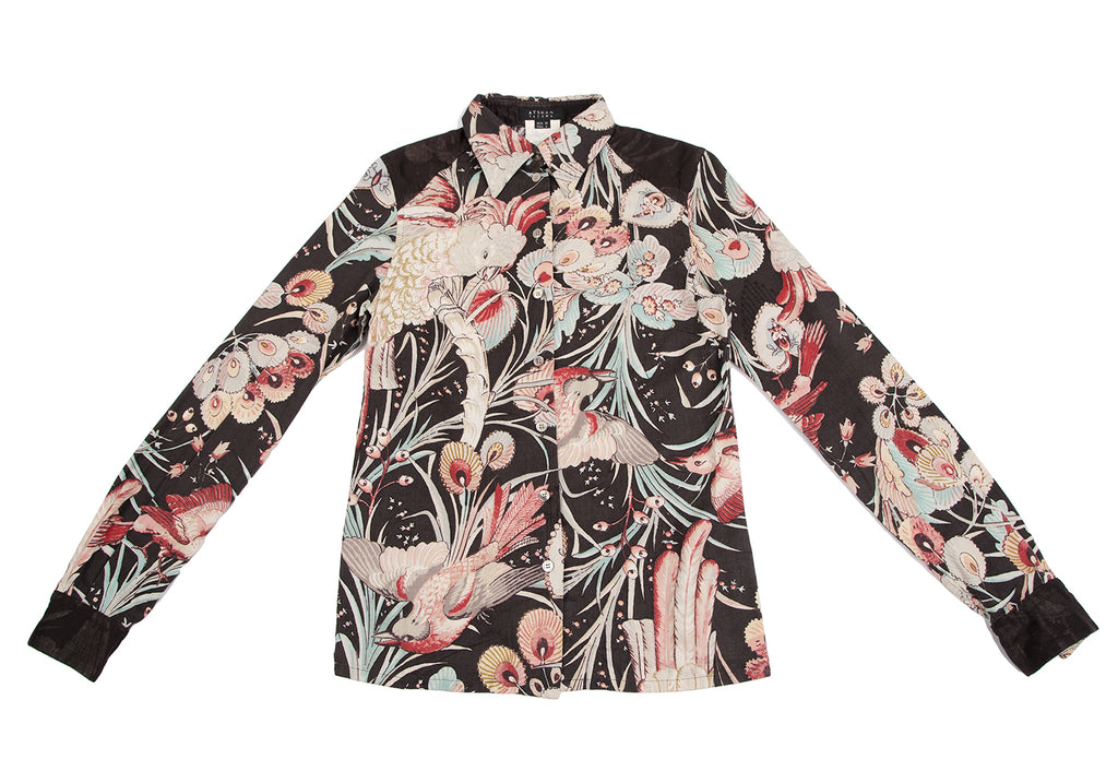 A/T ATSURO TAYAMA JAPAN. Brown, White, Red Gauze Switching Bird Printed Shirt