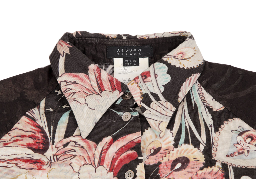 A/T ATSURO TAYAMA JAPAN. Brown, White, Red Gauze Switching Bird Printed Shirt