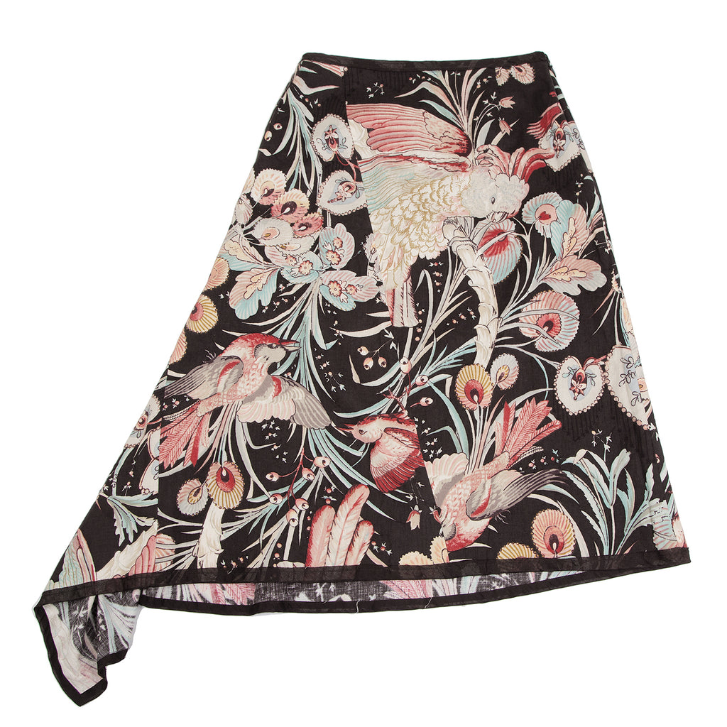 A/T ATSURO TAYAMA JAPAN. Brown, White, Red Bird Printed Asymmetric Skirt