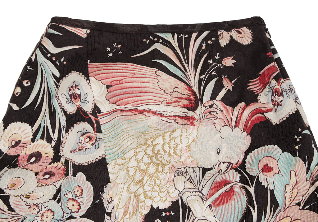 A/T ATSURO TAYAMA JAPAN. Brown, White, Red Bird Printed Asymmetric Skirt