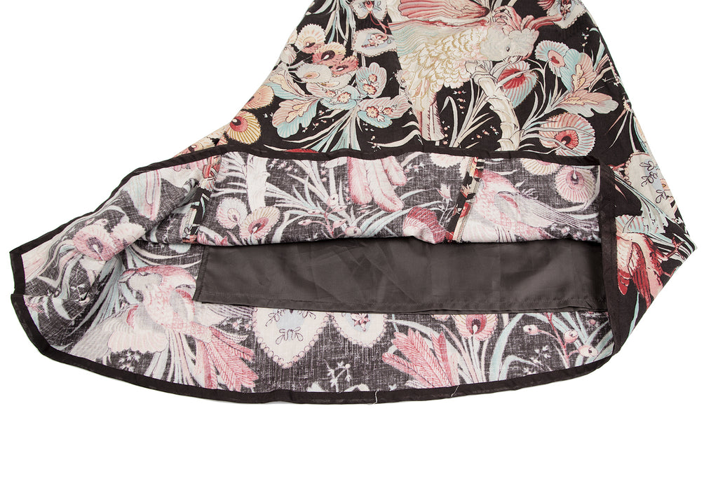 A/T ATSURO TAYAMA JAPAN. Brown, White, Red Bird Printed Asymmetric Skirt