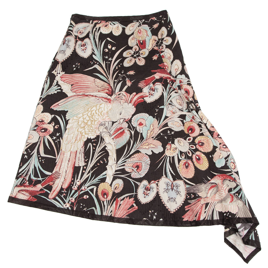 A/T ATSURO TAYAMA JAPAN. Brown, White, Red Bird Printed Asymmetric Skirt