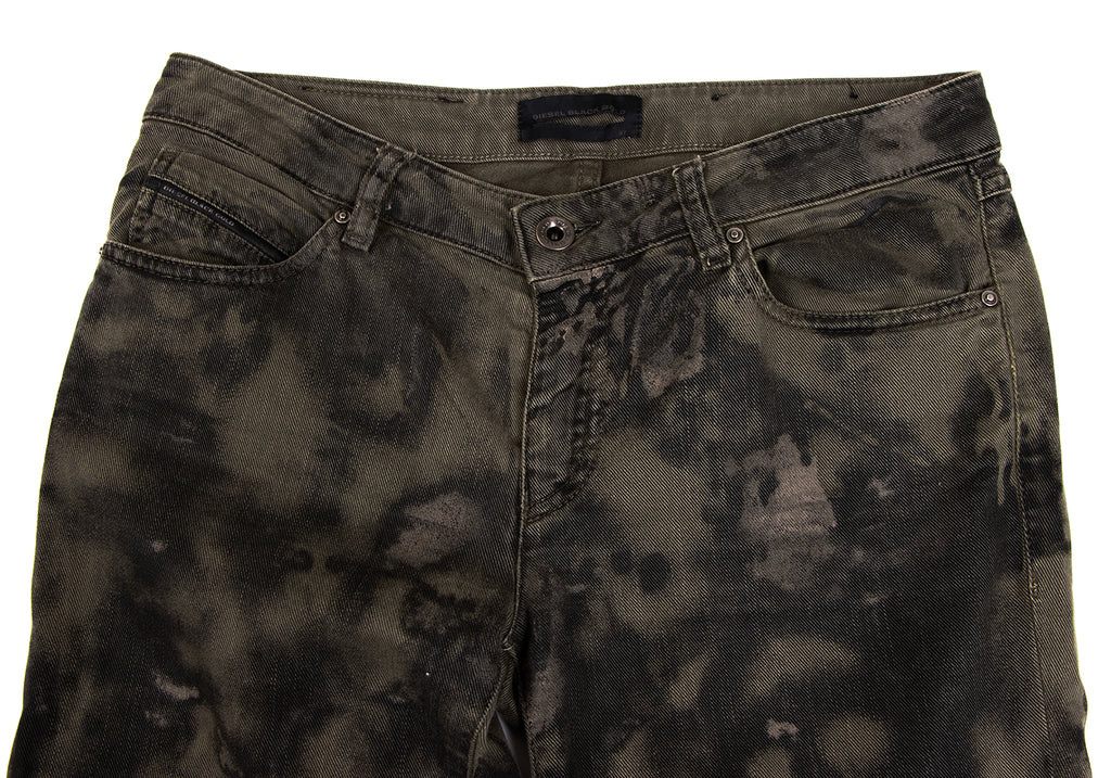 DIESEL BLACK GOLD Italy. Khaki-Green Painted Design Burnout Jeans