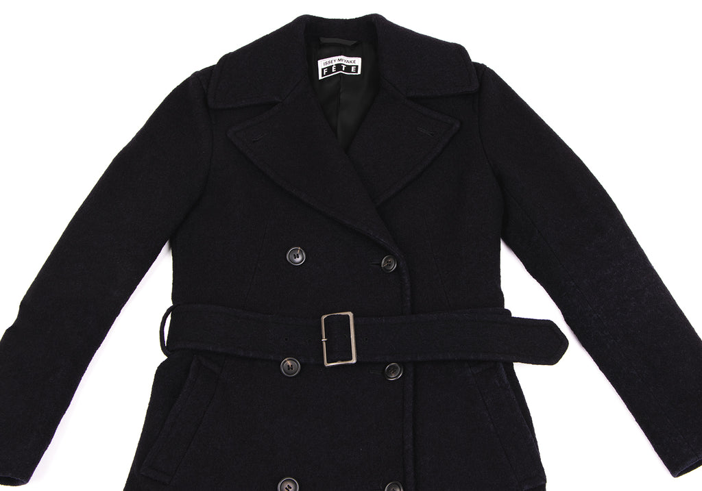 ISSEY MIYAKE JAPAN. FETE. Dark Navy Wool Cotton Belted Coat