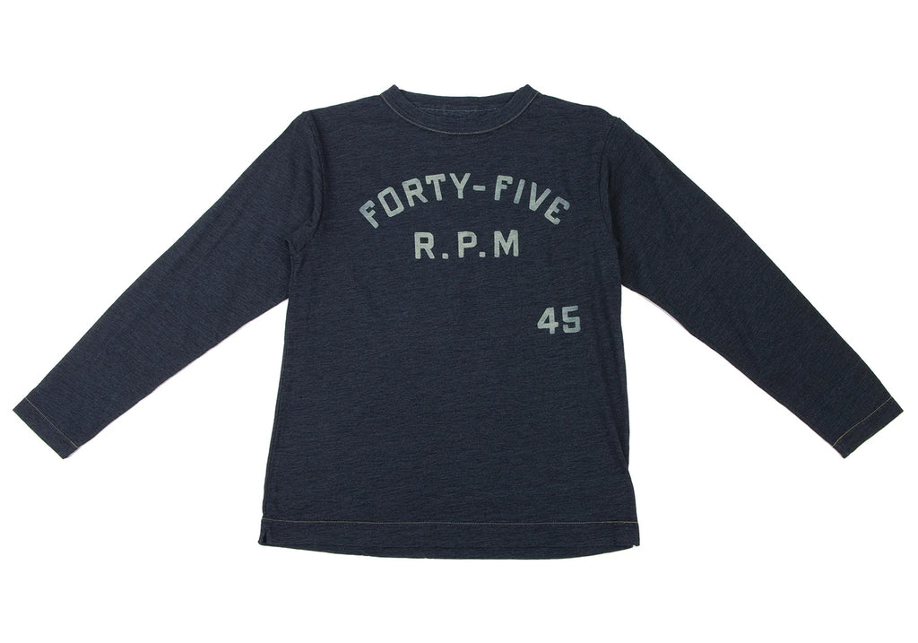 45rpm JAPAN. 45R NEW. NWOT. Indigo Dyed Logo Printed Long Sleeve Shirt