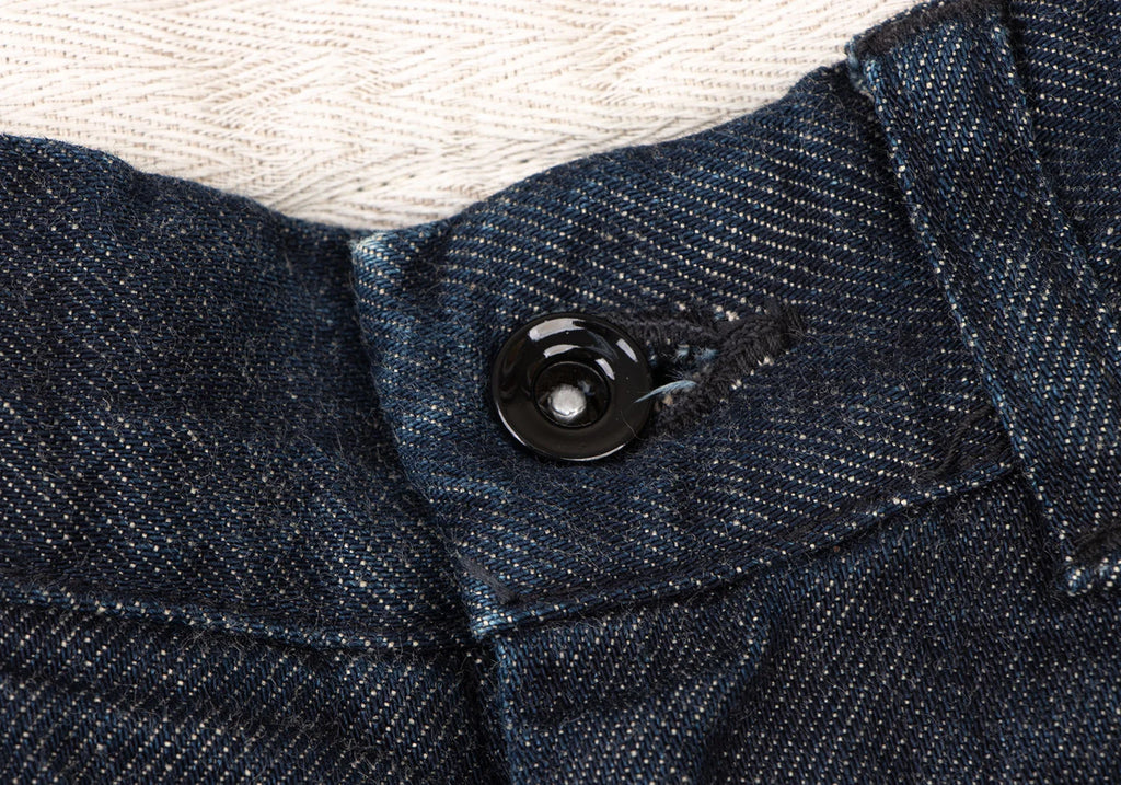 45rpm JAPAN. Indigo bakkurii Cotton Hem Buttons Denim Pants