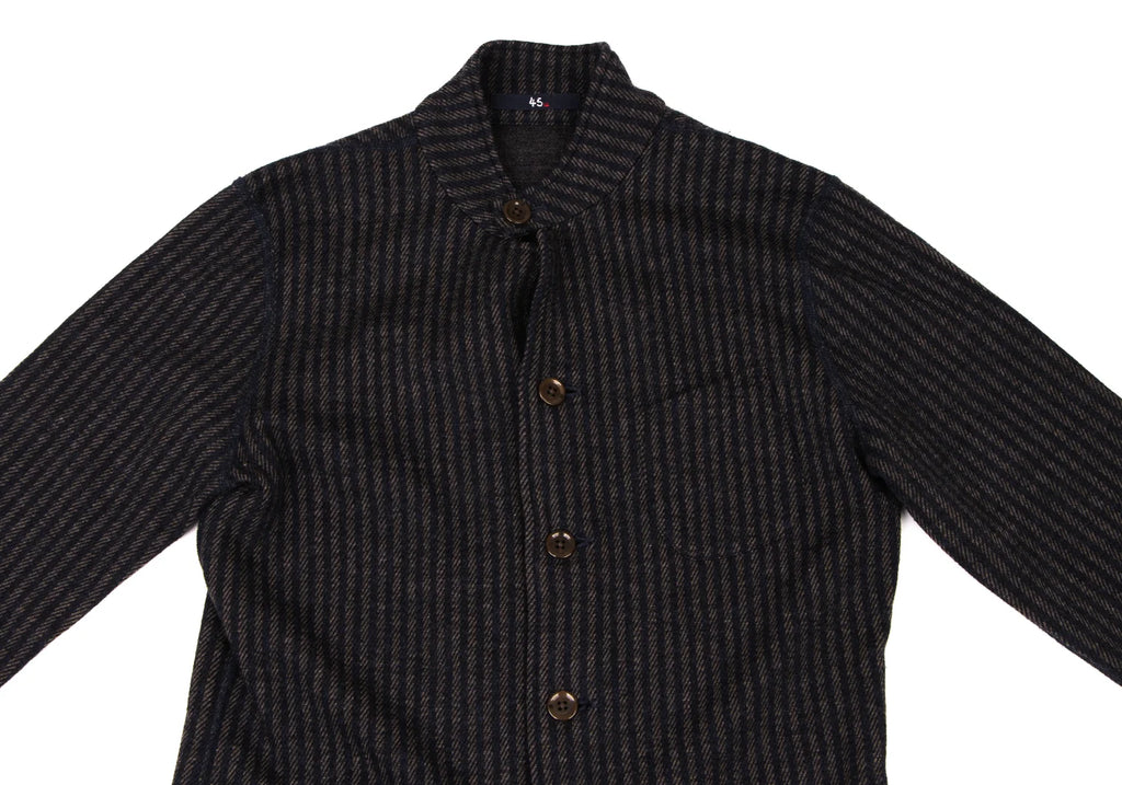 45RPM 45R JAPAN. Navy Wool Striped Mao Collar Knit Jacket