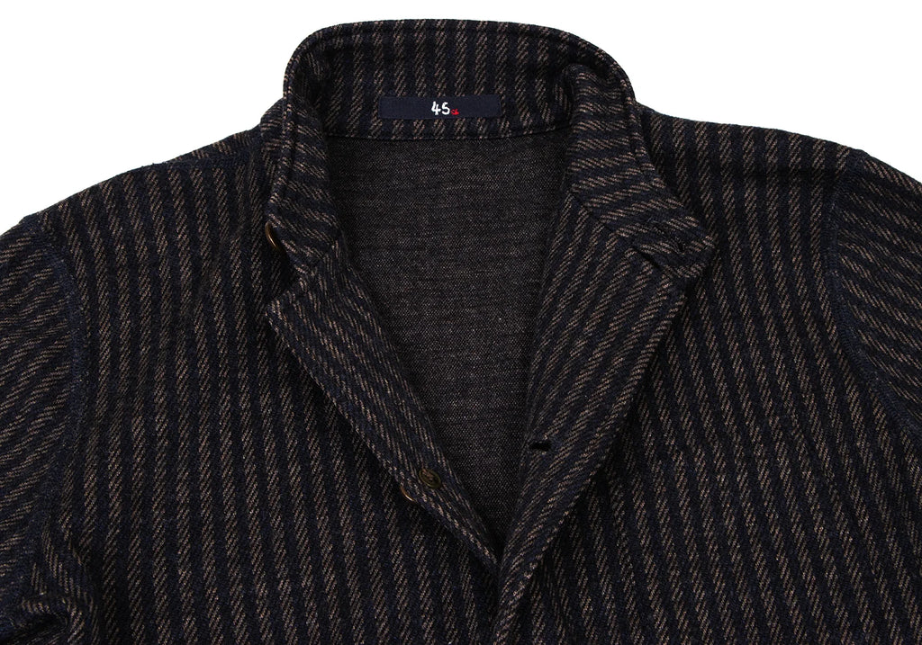 45RPM 45R JAPAN. Navy Wool Striped Mao Collar Knit Jacket